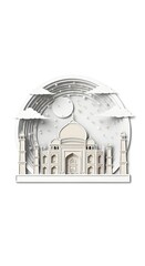 Paper-cut layered artwork of the Taj Mahal under moonlight, delicate white and cream paper layers, tiny stars and clouds in cut-out style, isolated on pure white background.
