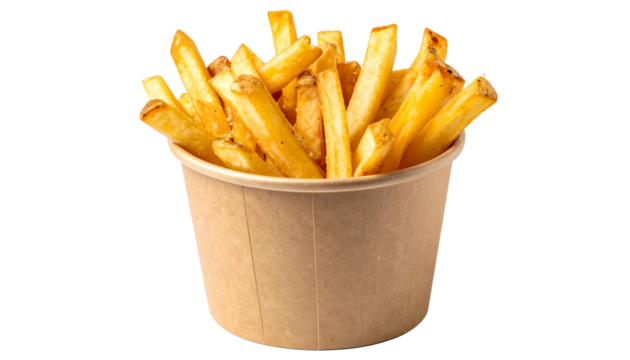 French Fries in a Paper Brown Cup, Isolated on Transparent Background
