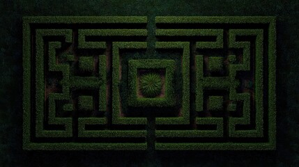 Aerial view of lush green grass maze representing mystery, challenge, and exploration.