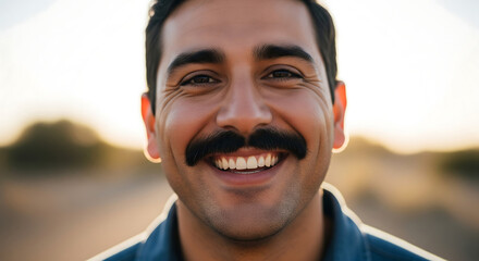 Close-up of a smiling man with a mustache in an outdoor setting.