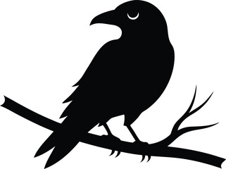 Black Crow Silhouette on Branch Vector Illustration.