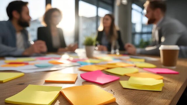Brainstorming business meeting with colorful sticky notes on wooden table in modern office showcasing teamwork, collaboration, creativity, idea discussion, and planning for effective results