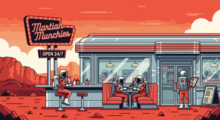 Retro Martian Diner Scene Featuring Astronauts Enjoying a Meal on the Red Planet, Suitable for Science Fiction, Space Exploration, and Futuristic Themed Projects © Xisxas