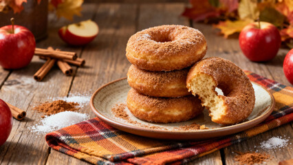 apple cider donuts dusted with cinnamon sugar stacked on ceramic plate with one broken open in cozy Thanksgiving scene
