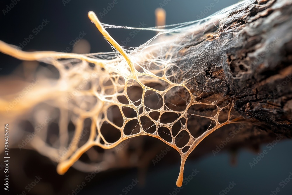 Wall mural fungal mycelium with delicate web like structure growing on dark tree bark, showing intricate natura
