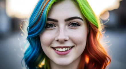 A young woman with vibrant, multi-colored hair smiles warmly at the camera, her blue eyes sparkling.