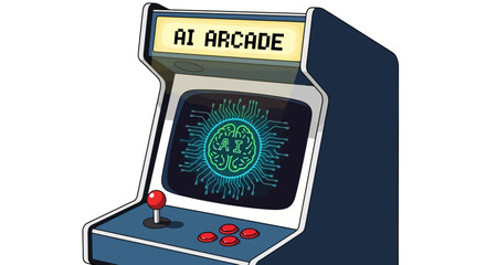 Retro AI Arcade Machine Illustration Showcasing Futuristic Technology and Nostalgic Gaming, Ideal for Tech Blogs, Game Development, and AI Promotional Material.