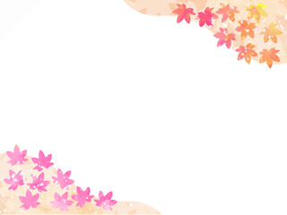 モミジの紅葉イメージの背景素材。水彩風テクスチャー。葉っぱのシルエット。かわいい色調。光の粒子や水滴の輝き。右上と左下に山のシルエットのあしらい。