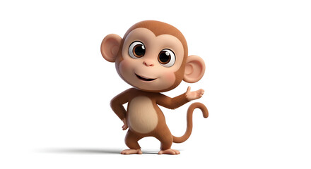 Cartoon monkey standing with a friendly gesture, one hand on hip, the other extended in a welcoming pose, set against a clean white background.
