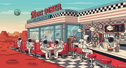 Retro Futuristic Mars Diner Scene with Astronauts Enjoying a Meal. Suitable for illustrating space exploration, science fiction, or unique dining experiences. © Xisxas