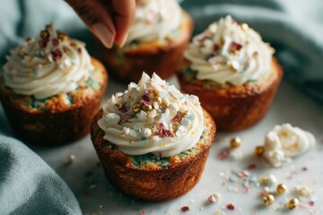 Young hands are focused on piping beautiful frosting onto cupcakes. This joyful baking moment captures the creativity and excitement of decorating treats at home. Toppings sprinkle the cupcakes