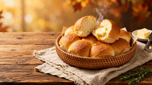 woven bread basket filled with golden-brown dinner rolls with steam and melting butter in warm Thanksgiving scene