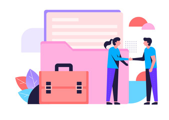 Business agreement.svg A woman in a blue shirt interacting with a large pink folder and documents, with a background of colorful shapes