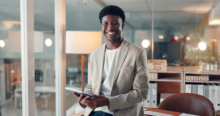 Portrait, tablet and happy black man in business office for accounting at night. Smile, auditor or...