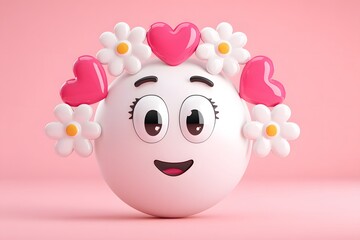 Cheerful 3D Emoji Girl with Flowers and Hearts Lovely Pink Background Happy Expression Cute Character Design