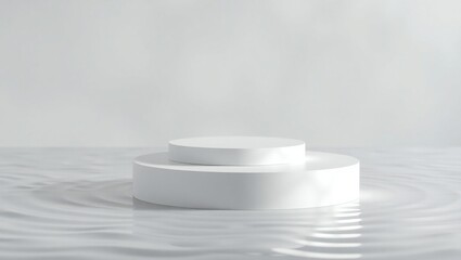 Minimalist white cylindrical pedestal on rippling water surface