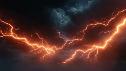Electric orange lightning bolt flashes across dark stormy sky with dramatic clouds, creating powerful and intense natural scene full of energy and movement during thunderstorm flash - Powered by Adobe