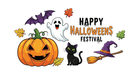 Joyful Halloween elements including a grinning pumpkin, friendly ghost, black cat, and witch's hat with broomstick.