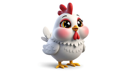 Obraz premium A cute, cartoon-style white chicken with rosy cheeks, a red comb, and yellow feet stands against a white background.