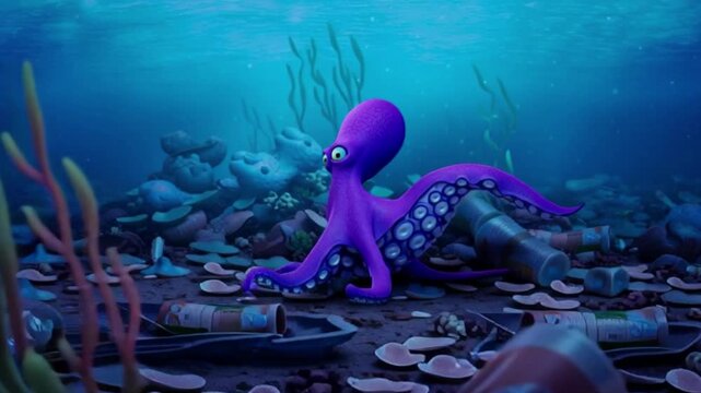 Animated purple octopus underwater surrounded by plastic waste pollution, environmental awareness ocean conservation concept, marine life crisis, sea ecosystem damage, sustainability  3d  animation