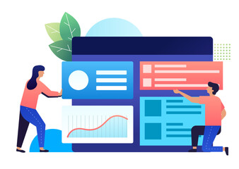 Vector graphics for business platforms Two people (one in a blue shirt, one in a red shirt) interacting with a large screen displaying graphs and charts, with a background of green leaves and colorful