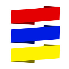 Set of colorful geometric ribbon banners in red, blue, and yellow.