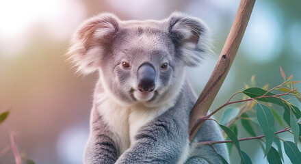 Obraz premium Close-up of a cute koala bear sitting on a eucalyptus branch, looking directly at the camera with a soft, blurred background.