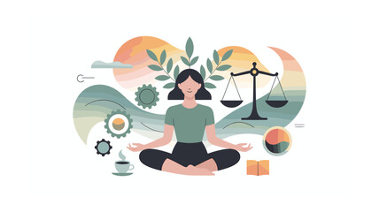 Balanced Wellbeing: Woman Meditating with Scales, Plants, Gears, and Book, Representing Inner Peace, Legal Balance, Growth, Efficiency, and Knowledge for Holistic Wellness