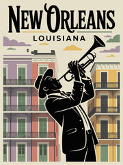 Flat vector retro poster of New Orleans French Quarter with jazz musician, trumpet silhouette, colorful pastel facades, wrought-iron balconies, and bold vintage typography