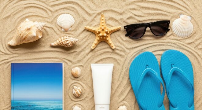 Beach accessories including seashells starfish sunglasses flip flops and sunscreen on sand image