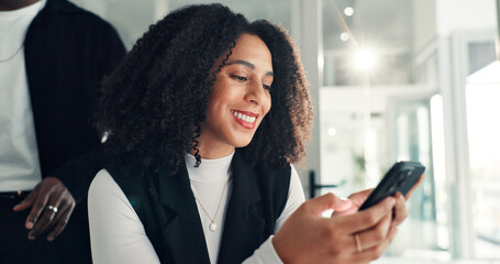 Reading, smile and woman in office with phone, online search or positive feedback for company...