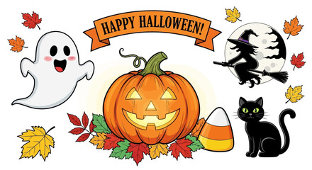 Whimsical Halloween elements including a friendly ghost, smiling pumpkin, and playful black cat