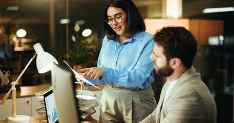 Business, night and people with charts, documents and teamwork with laptop, profit growth and audit. Evening, man and woman in office, pc and graphs for stock market investment and financial planning