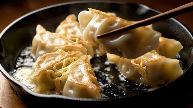 Cinematic Close Up of Hanetsuki Gyoza Sizzling in Skillet