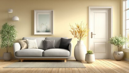 Beige living room with sofa, plants, & art
