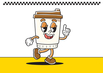 Happy coffee cup cartoon character pointing upwards on a yellow background. Food and beverage concept.