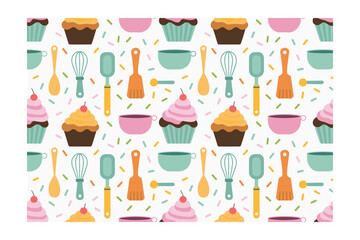 Charming Baking Pattern: Whisk, Spatula, Cupcake, and Cup Repeat Design with Colorful Sprinkles, Perfect for Culinary Themes and Backgrounds on a White Surface