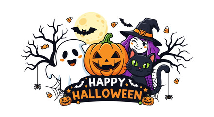 Spooky and cute Halloween characters celebrate with a pumpkin and witch under the full moon.