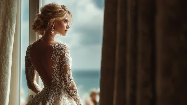 Elegant Bride in Lace Gown Gazing Out Window, Dreamy Wedding Day Portrait, Romantic Bridal Style, Backless Dress