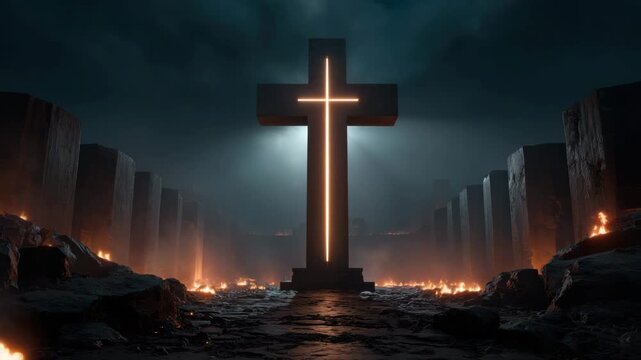 Glowing cross monument night with fire flames and stone pillars creating dramatic mysterious atmosphere dark outdoor setting and fiery ground dark cloudy sky with dramatic lighting surrounding stone
