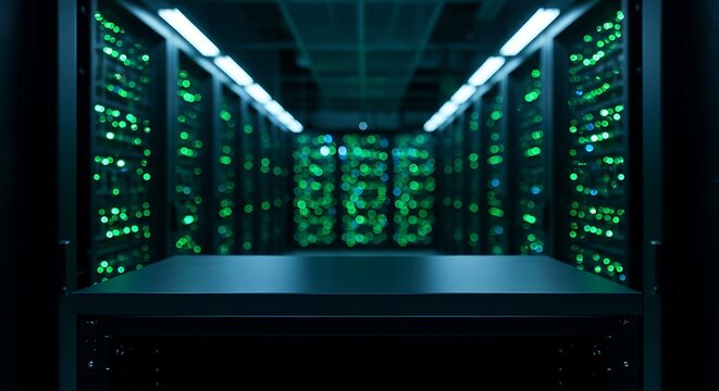 Mockup a dimly lit server room with rows of glowing green computer servers and blue lighting for commercial usage - Powered by Adobe