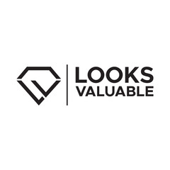 This is a logo featuring a diamond shape and the words 'Looks Valuable'. The design is modern and minimalist, suitable for a luxury brand or business. Isolated on white.