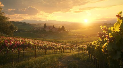 Stunning sunset over rolling Tuscan hills with vineyards and charming farmhouse for golden hour light bathing scene in warmth showcasing cultural heritage nature beauty travel concept