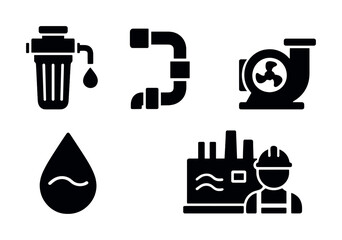 Water treatment icons: filter, pipes, pump, droplet, factory, worker