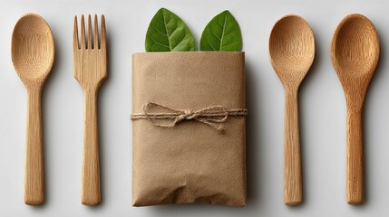 Wooden Cutlery Set with Green Leaves Decor