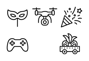 Minimalist icons of mask, drone, party popper, game controller, and fruit cart