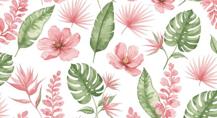 Watercolor Tropical Floral Pattern with Pink Flowers and Green Leaves.