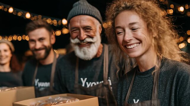Diverse Group of Smiling Volunteers Packing Food Boxes for Charity Event at Night with String Lights