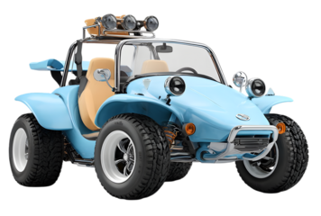 Blue dune buggy with yellow seats isolated on transparent background