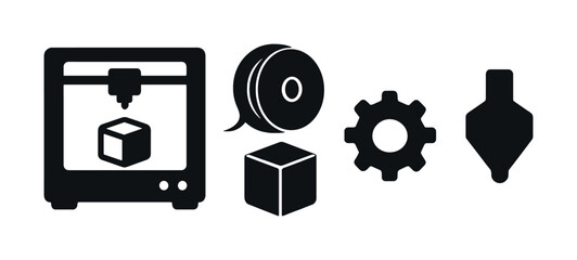 3d printing icons: printer, filament, cube, gear, and nozzle in black silhouettes